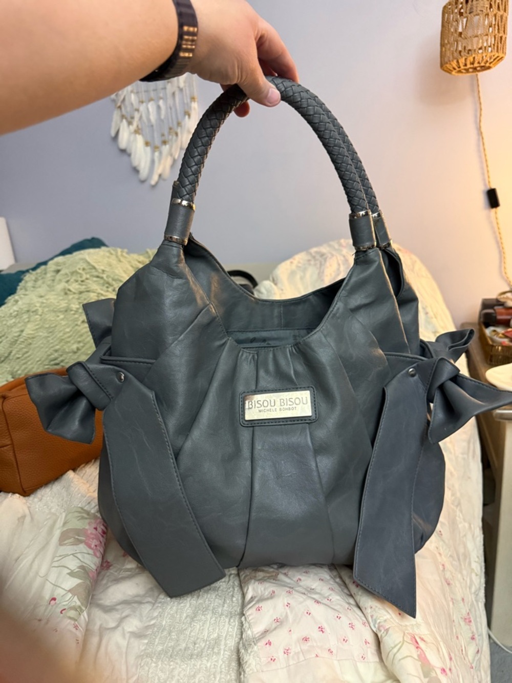 Bisou Bisou By Michele Bohbot Gray FauxLeather Shoulder Tote with Braided Handle